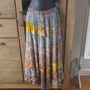 Bohemian Tiered Maxi Skirt in Multi-Color Patchwork